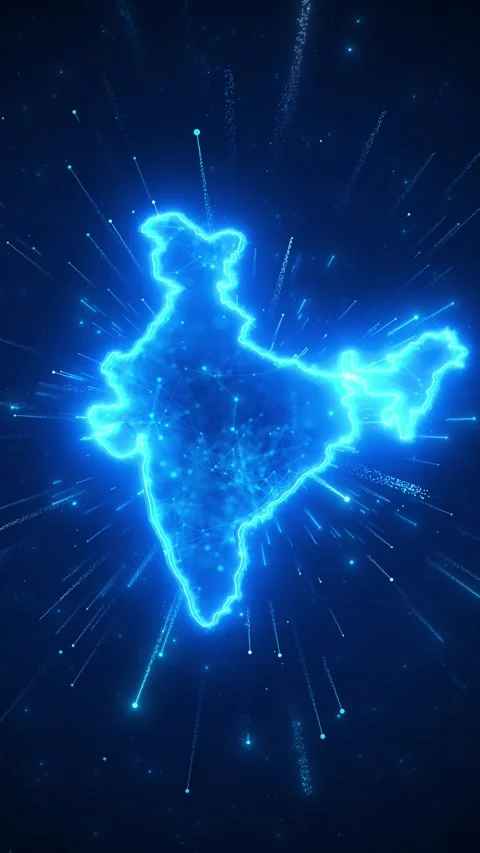 Glowing India connectivity tech blue map outline, network nodes, radiant streaks Stock Footage 340472915