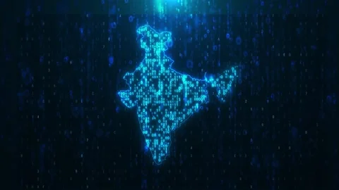 Glowing India data network visual bright binary map, blue code rain, and futuris Stock Footage 340525577