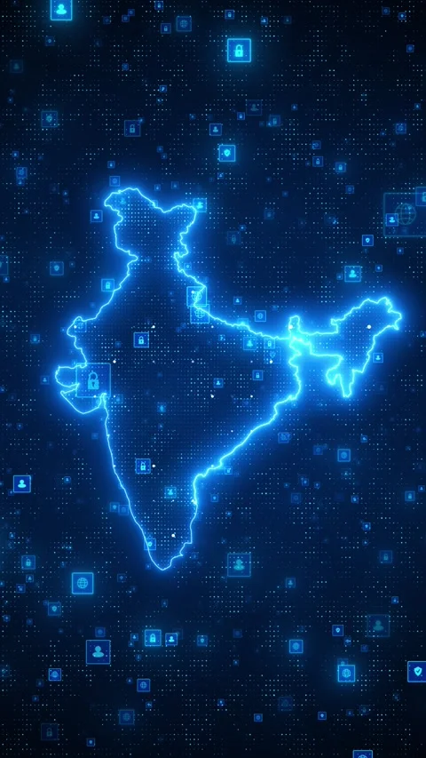 Glowing India network security bright country outline, digital icons, cyber lock Stock Footage 340472745