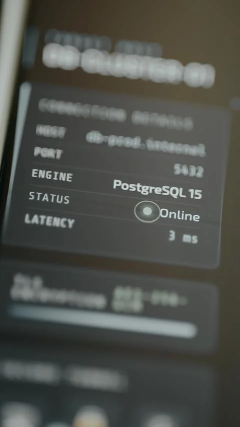 Glowing indicator confirming PostgreSQL 15 database is online Stock Footage 332470207