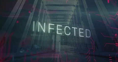 Glowing INFECTED text floating inside data center corridor, with server racks Illustrazione stock