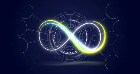 Glowing infinity loop getting neon trail appearing right side traveling shifting Stock Footage 330396553