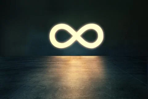 Glowing infinity symbol in dark empty room Stock Photos