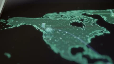 Glowing infrastructure node over North America connects Stock Photos