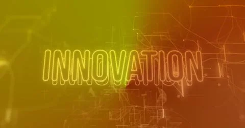 Glowing INNOVATION lettering spanning studio backdrop, with circuit lines, nodes Stock Illustration