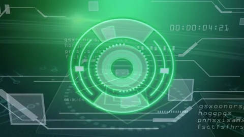 Glowing interface appearing triggers rings pulsing, gear rotating, code Stock Footage 326101292