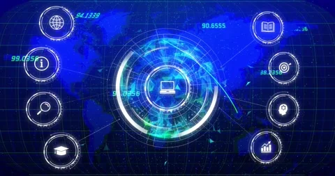 Glowing interface fading in, computer icon appearing, rings spinning, arrows Stock Footage 317117582