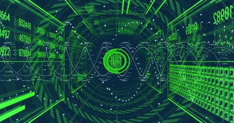 Glowing interface pulsing in virtual data tunnel, streaming numbers, waveforms, Illustrazione stock