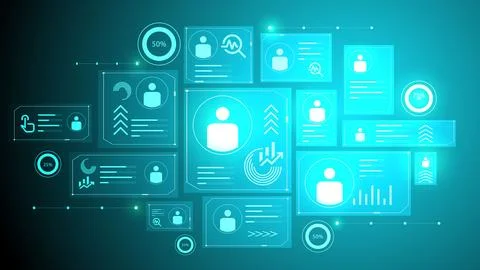 Glowing interface with user icons, progress charts, and analytics panels 스톡 일러스트