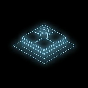 Glowing isometric building with central structure on dark background Ilustración de archivo