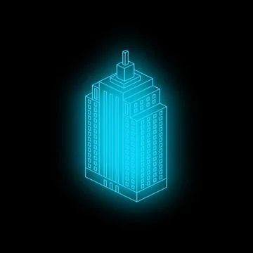 Glowing isometric skyscraper standing out in dark background Illustrazione stock