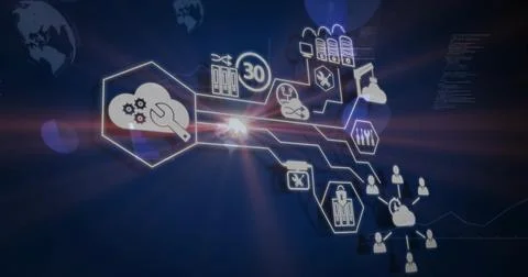 Glowing IT network connecting on dashboard, showing cloud-wrench hexagon, Stock Illustration