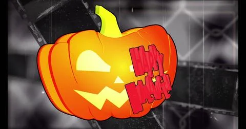 Glowing jack-o'-lantern dominating graphic layout, showing red HAPPY HALLOWEEN Stock-Illustration
