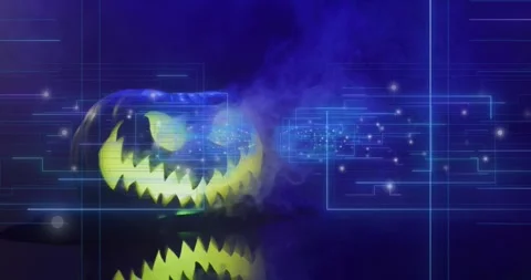 Glowing jack-o-lantern emitting blue circuit lines and drifting smoke while Video stock 317841072