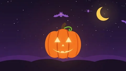 Glowing jack o lantern pumpkin under crescent moon with flying bats Stock Footage 347895720