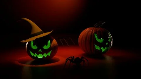 Glowing jack o lantern pumpkins with witch hat and spiders Stock Illustration