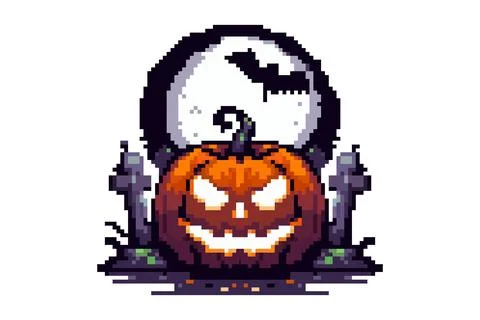 A glowing jack-o'-lantern with a sinister grin sits in front of a full moon.. Stock Illustration