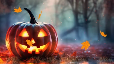 Glowing jack o lantern sits in foggy autumn woods animation Stock Footage 327508106