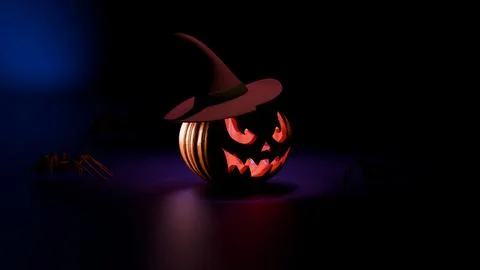 Glowing jack o lantern with witch hat and spider on spooky background Stock Illustration
