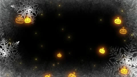 Glowing jack o lanterns floating amidst intricate silver snowflake patterns Stock Footage 345334551