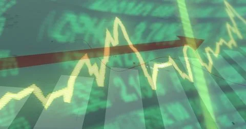 Glowing jagged yellow line chart rising across digital screen, with red arrow Stock Illustration