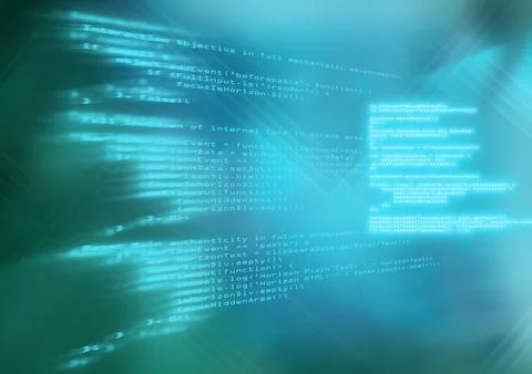 Glowing JavaScript functions are floating on flat teal-blue interface with Stock Illustration