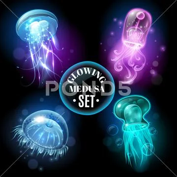 Glowing Jellyfish Medusa Set poster Stock Illustration
