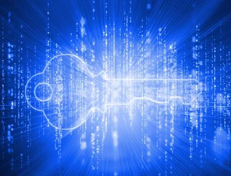 Glowing key on blue background 스톡 사진