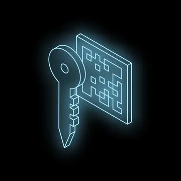 Glowing key unlocking digital padlock in isometric view Stockillustratie