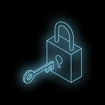Glowing key unlocking neon padlock on dark background 스톡 일러스트