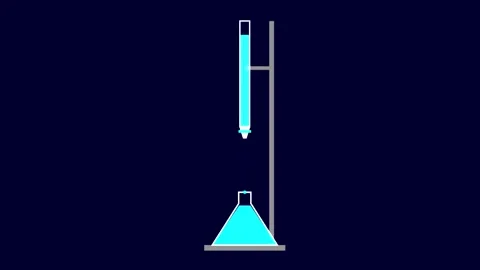 Glowing laboratory titration setup animation with burette dropping liquid in Vídeo Stock 344709903