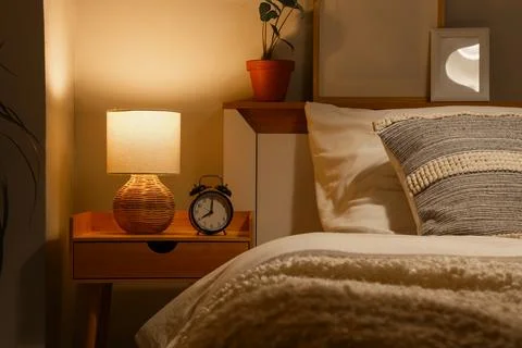 Glowing lamp with alarm clock on table in dark bedroom Stock Photos