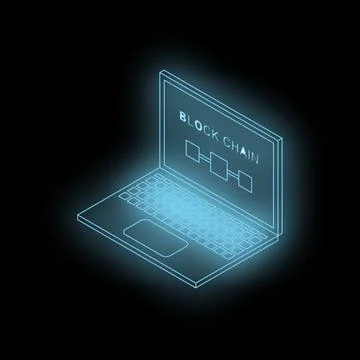 Glowing laptop showing blockchain technology on dark background Stock Illustration
