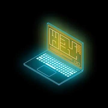 Glowing laptop showing help message on dark background Illustrazione stock