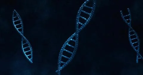 Glowing large blue DNA double helix shimmering in dark textured field, showin Stock Illustration
