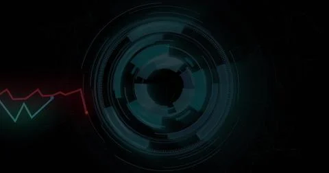 Glowing large circular HUD rotating in dark digital backdrop, with jagged Stock Illustration