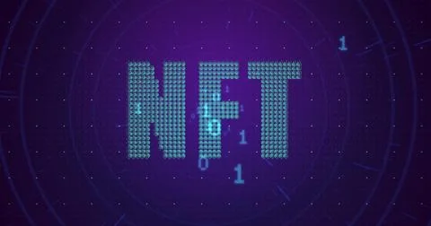 Glowing large NFT letters pulsing on digital crypto poster, showing token icons Illustrazione stock