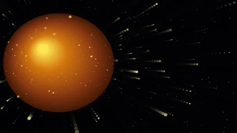 Glowing large orange sun sphere and radiant golden particle rays expanding .. Vídeo Stock 344709926