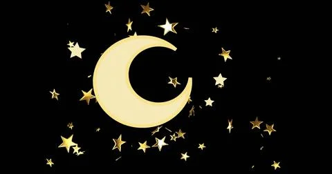 Glowing large pale yellow crescent moon hovering over black background with gold Ilustração Stock