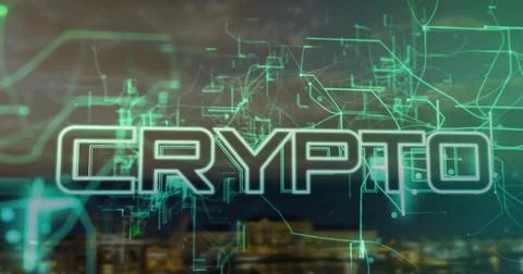 Glowing large stylized CRYPTO text floating over nighttime cityscape, with teal Stock Photos