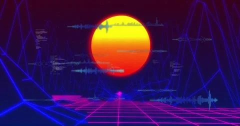 Glowing large stylized sun dominating horizon, lighting magenta neon grid and Stock Illustration