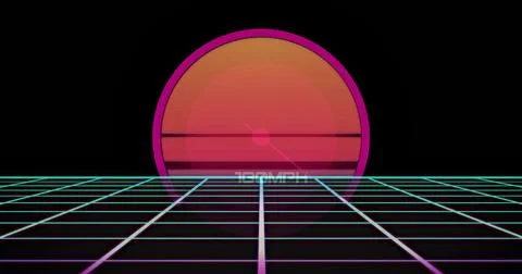 Glowing large stylized sun hovering above retro-futuristic neon grid floor, with Stock Illustration