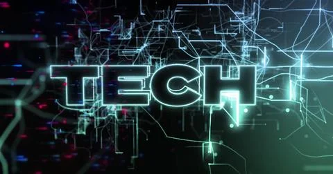 Glowing large TECH lettering pulsating in virtual interface, with neon circuits, Stock Illustration