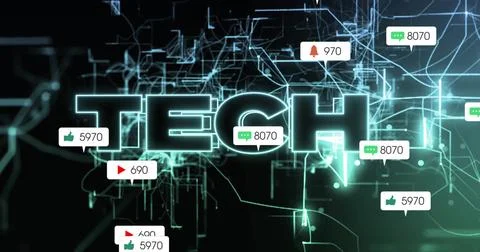 Glowing large TECH word hovering in network, showing floating notification Stock Photos