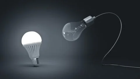 Glowing LED bulb and simple light bulbs. 3d rendering Illustrazione stock