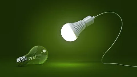 Glowing LED bulb and simple light bulbs. 3d rendering Stock Illustration