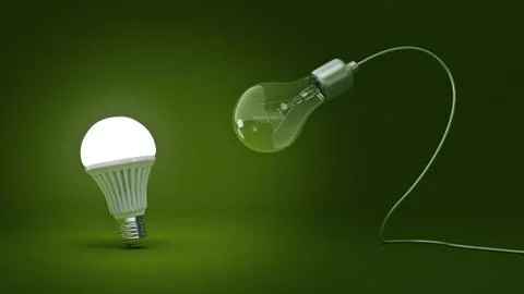 Glowing LED bulb and simple light bulbs. 3d rendering Stock Illustration