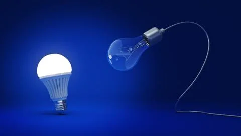 Glowing LED bulb and simple light bulbs. 3d rendering Stock Illustration