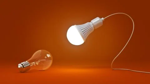 Glowing LED bulb and simple light bulbs. 3d rendering Stock Illustration