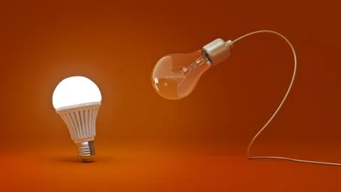 Glowing LED bulb and simple light bulbs. 3d rendering Illustrazione stock